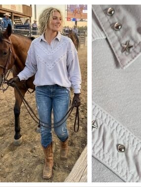 ☆ Vintage Western Star Studded Pullover Collared Silver Sweatshirt | Large ☆